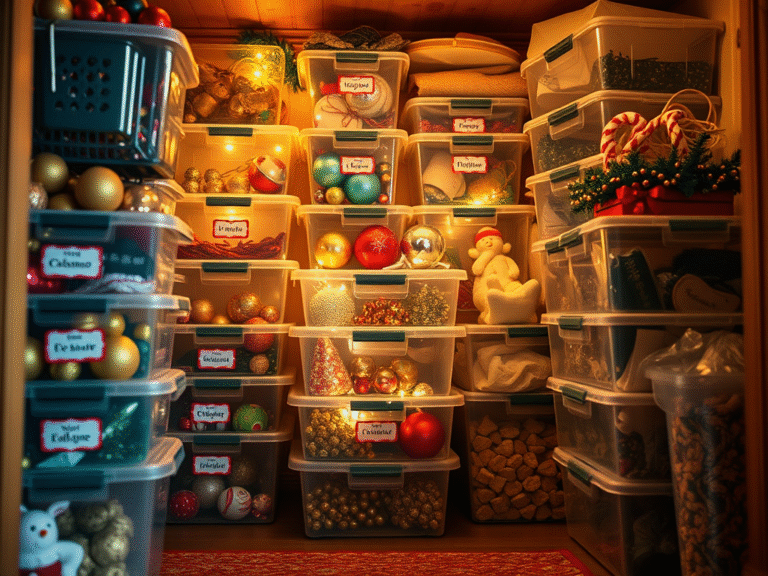 A closet full of bins containing Christmas decorations