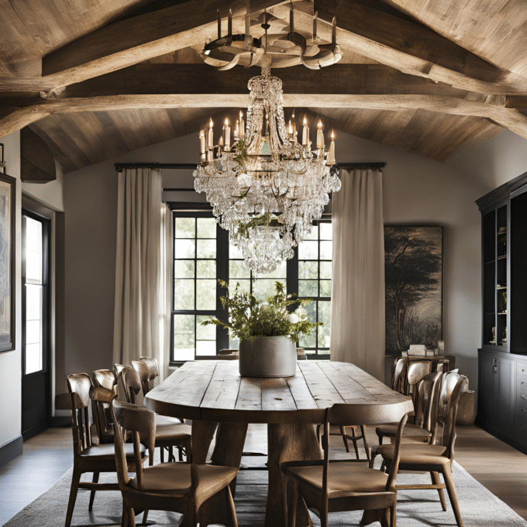 rustic dining room with chandelier