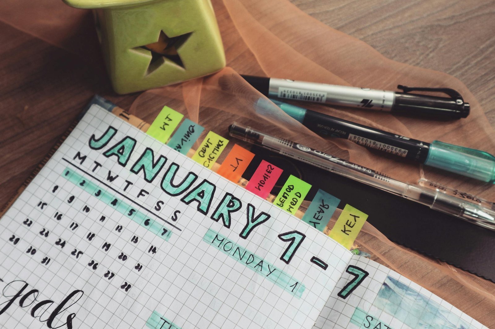 A detailed planner with goals and colorful tabs on a wooden desk with pens.