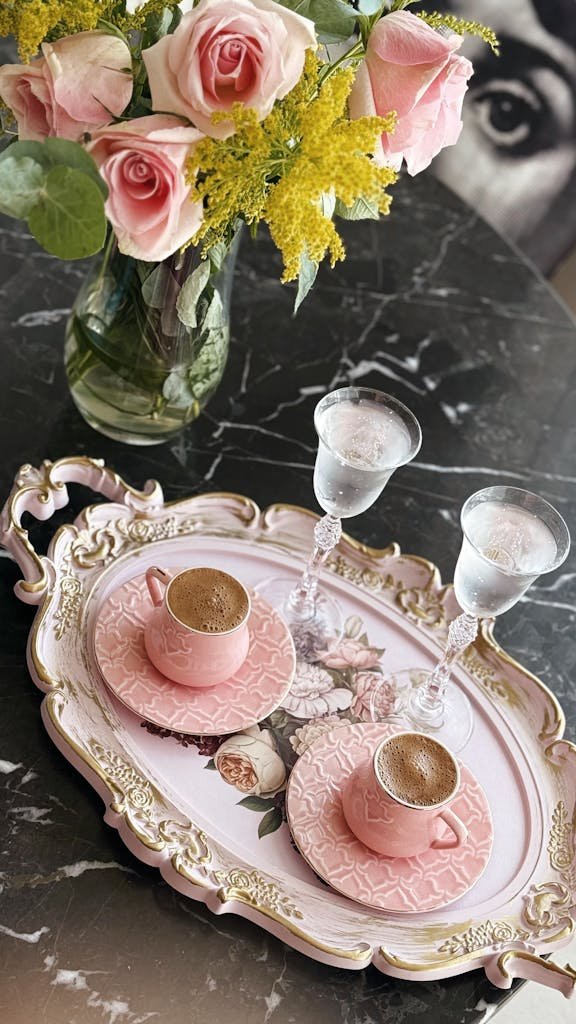 Delicate tea setup with pink roses and coffee cups on a floral tray.