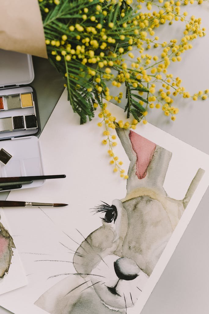 Watercolor painting of a rabbit surrounded by mimosa flowers, perfect for Easter or spring themes.